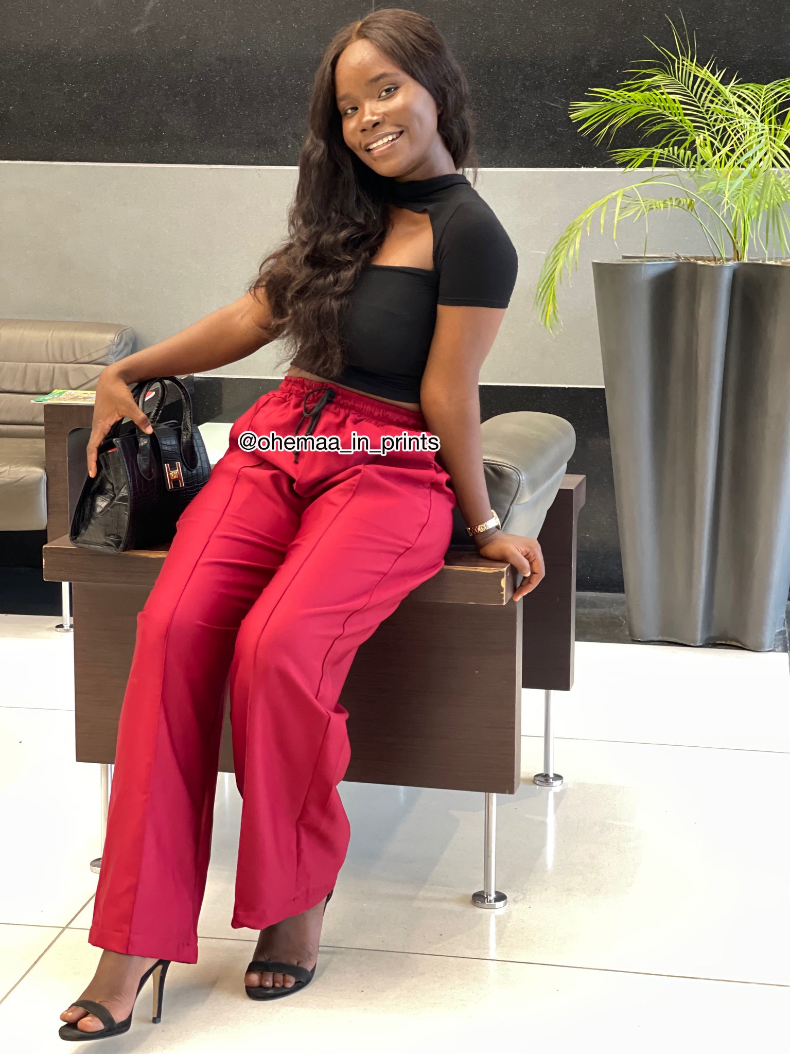 Wine all round elastic waist pants