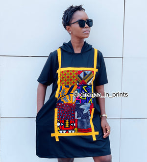 African print patch hooded dress